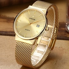 WWOOR Men Simple Slim Watches Luxury Brand Gold Steel Mesh Ultra Thin Waterproof