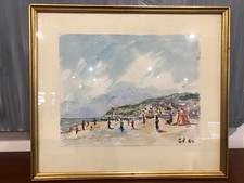 AQUARELLE SUR PAPIER ENCADRÉE SOUS VERRE, BORD DE MER " LA PLAGE " signée CV