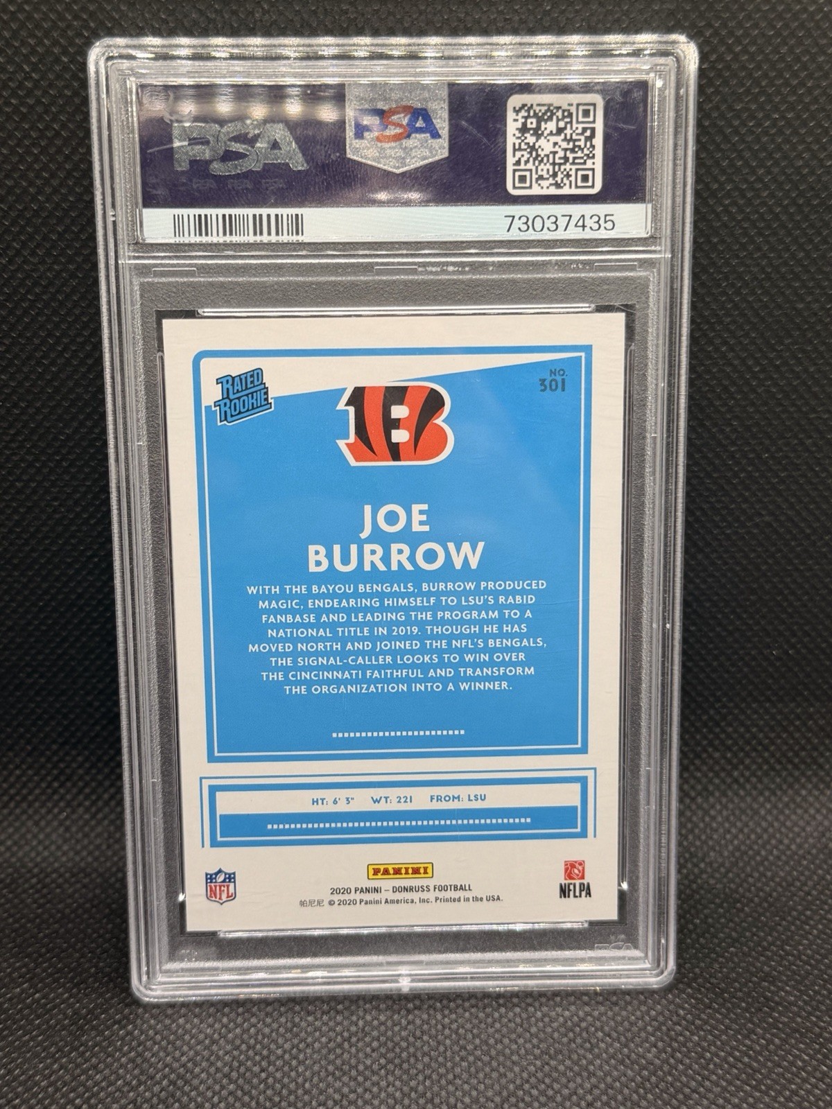 2020 Panini Donruss Joe Burrow Rated Rookie #301 PSA 10 GEM MINT Bengals RC view 2