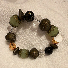 Multicolor Glass & Metal Round Bead Stretch Charm Bracelet Sizable 8 in