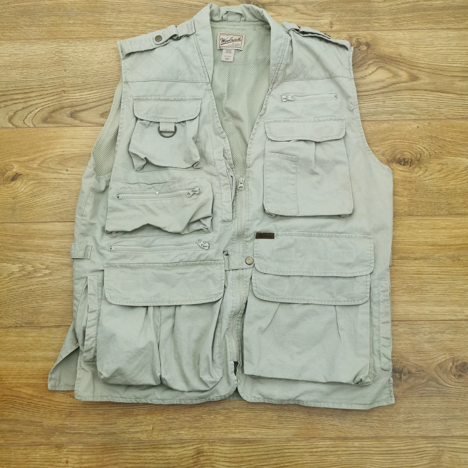 Woolrich Utility Vest Jacket Mens L Large Beige Straw Fishing Hunting Safari