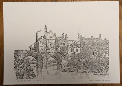 Originaldruck der Gravur der alten Elvet Bridge in Durham von John Lines ca. 1980