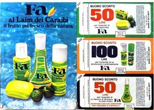 1977 n. 3 BUONI SCONTO saponetta + shampo + deodorante FA vintage!