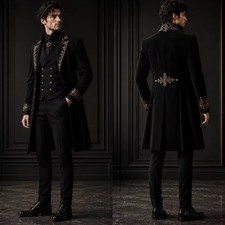 Men Suit 3 Pcs Embroidery Double Breasted Vest Long Tailcoat Victorian Tuxedo