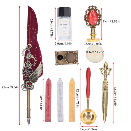 Red Quill Pen And Ink Set Vintage Style With Sealing Wax Stamp Glossy Quill SG - Picture 11 of 22