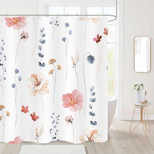 Long Coral Floral Shower Curtain 72 x 78 Inch, Botanical Flower Shower Curtain - Afbeelding 1 van 7