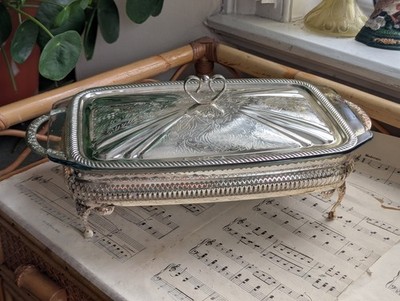 Vintage viktorianisches Pyrex Glas Tablett in versilbertem Ständer mit Deckel