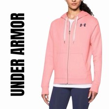 Under Armour Women s Large Loose Fit Full Zip Hoodie Coral Pink Navy Blue Logo
