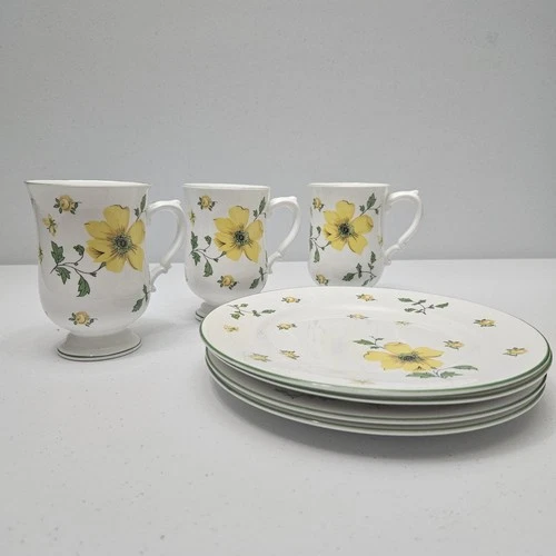 Royal Victoria Fine Bone China England – Yellow Floral Mugs & Plates – Set of 7