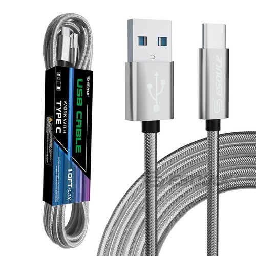 Esoulk 1.7A 10FT USB Cable For Type-C In Silver Model # DC-EC45L-TPC-10FTSL