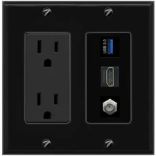 [3 Ports] COAX HD USB-3 Black Wall Plate with 15A Power Outlet