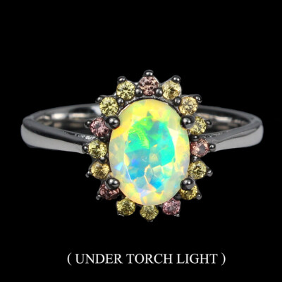925 Sterling Silver Ring Oval Fire Opal 8x6mm Sapphire Gemstone Jewelry Size 7