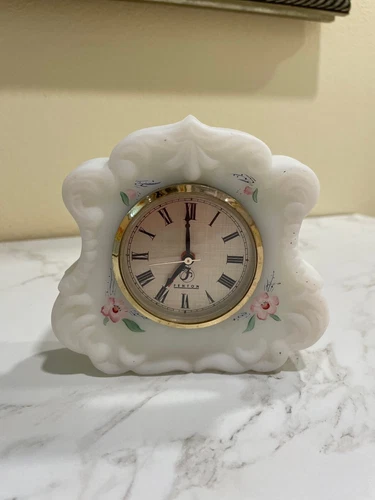 Rare Fenton Clock Hand Painted by M Nichols White with Pink Flowers