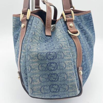 ショルダーバッグ GUCCI Midnight Blue Canvas Shopping Bag GUCCI Interlocking Blue Denim Tote Bag Denim Canvas Leather