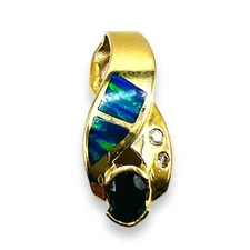 14k Yellow Gold Blue Sapphire Lab Opal Inlay Diamond Slide Pendant 4.9 Grams