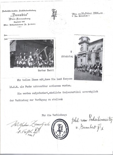 Nr.54989 Schreiben + 2 x Foto Danubia Wien Korneuburg 1936 + 1949 Studenten N,Ö
