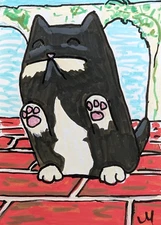 ACEO Cat Painting Original Collectible Tuxedo Garden Art By Josh Merritt