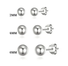 925 Sterling Silver Ball Studs Earrings For Men Women 3 Pack Set 2-4-6MM