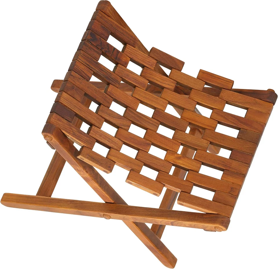 Mosaic Folding Stool in Solid Teak Wood, Brown - Image 4 of 4