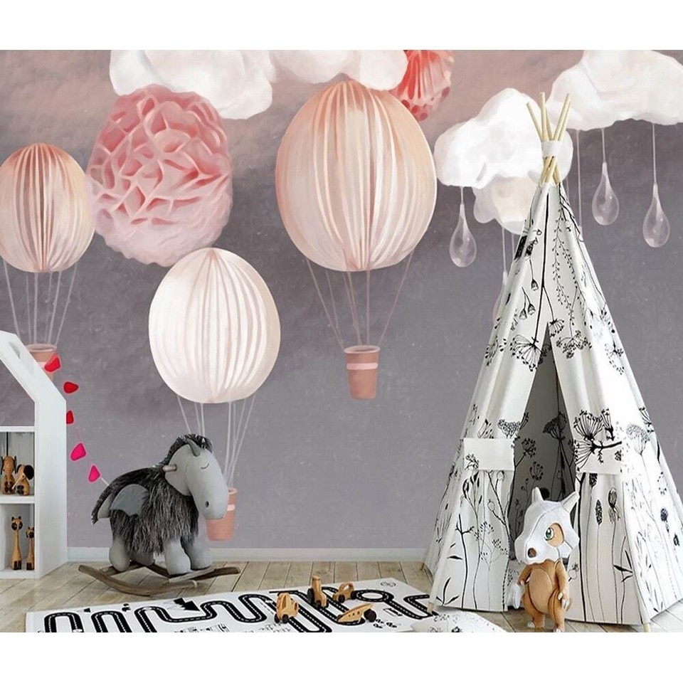 Paper Hot Air Balloon and Lanterns Kids Removable Wallpaper Pink H114