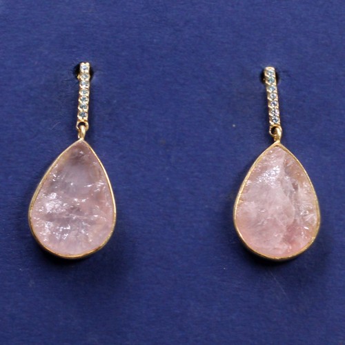 Rough Rose Quartz Dangle Earring Gold Plated Sterling 925 Silver Jewelry - Picture 2 of 3
