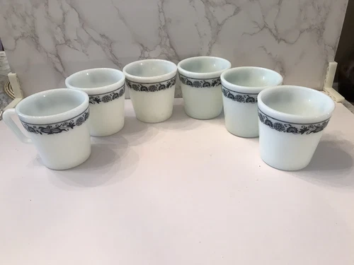 Vintage 6 Blue Old Towne PYREX Handle COFFEE CUPS Microwave Safe Set