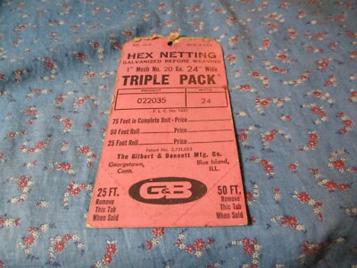 Vintage POS Hang Tag Gilbert & Bennett Hex Netting Georgetown Conn Blue Island I