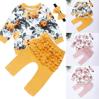 ❤️ Infant Newborn Baby Girls Floral Outfits Hoodies Tops Pants Headband 2PCS Set