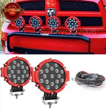 Pair 7 Red Bezel Led 51w 5100lm Round Flood Pods Off Road Fog Light W Wiring