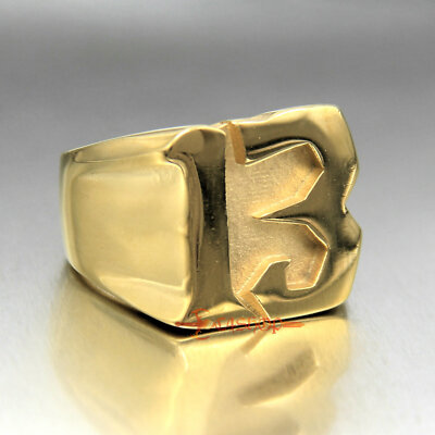 Men's Lucky Angel Number Friday 13 Stainless Steel Ring Aztecs J.C Gold Plated