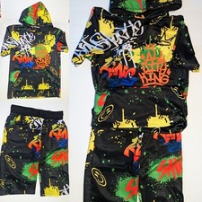 Men's Graffiti Print Short Sleeve Hoodie And Jogger Shorts Set