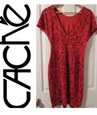 👗🔴CACHE Dress Sheath Bodycon Red Cap Sleeve Sz M Carmen Marc Valvo Beading