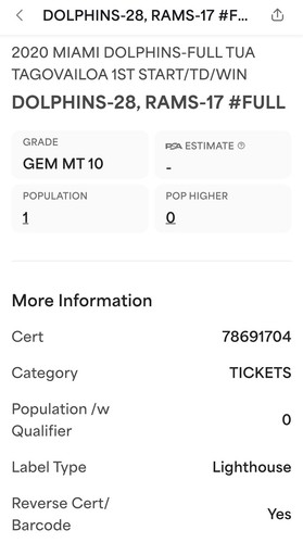 TUA TAGOVAILOA 1ST NFL START & WIN #1 FULL TICKET 11/1/2020 DOLPHINS/RAMS PSA 10 - Picture 9 of 13