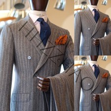 Khaki Woolen Striped Men's Suits Peak Lapel Double Breasted Wedding Groom Tuxedo