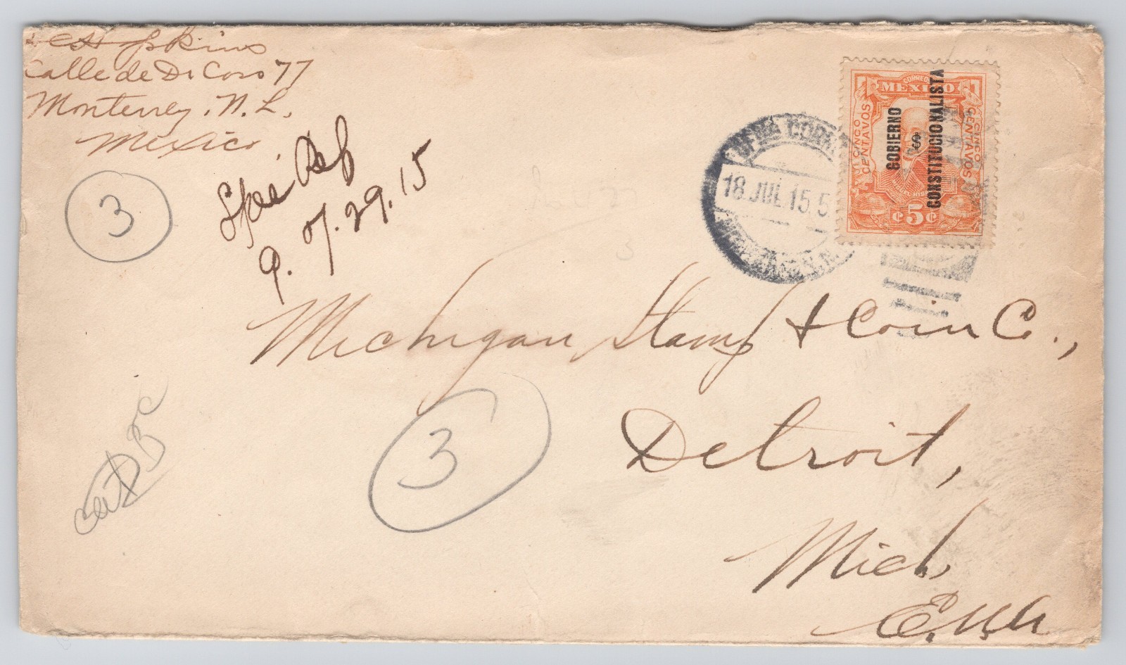 1915 Mexico Constitucionalista Cover to Michigan Stamp & Coin Co USA