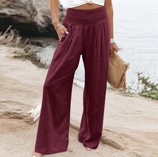 Women Summer Cotton Linen Pants Wide Leg Casual Loose Pants High Waist Trousers