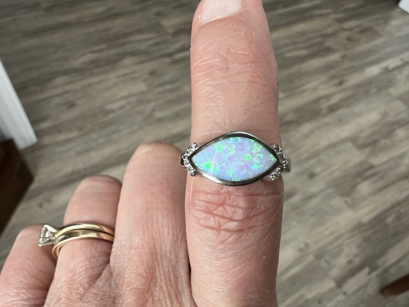 New Condition Sterling Silver Lab Created Blue Opal Ring 925 Size 7