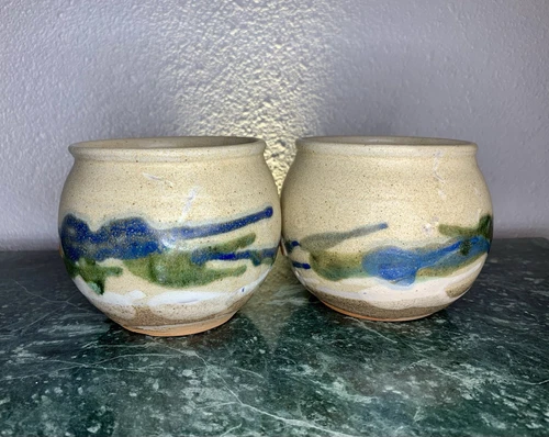 Pair Vintage Studio Pottery Mugs Artist Signed Drip Glaze Hand Painted & Thrown