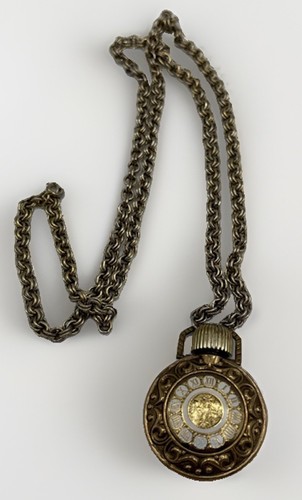 VItg Avon Perfume Bottle Necklace Clock Charn Long Gold Tone Chain Pre-owned 32"