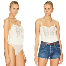 Free People Intimately STILL THE ONE Sheer Lace Bodysuit Top in Ivory L NWT $98