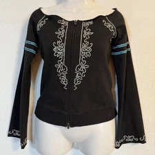 Bebe Sport Black Top SZ Medium Embellished Zip-Up Cold Shoulder Athleisure