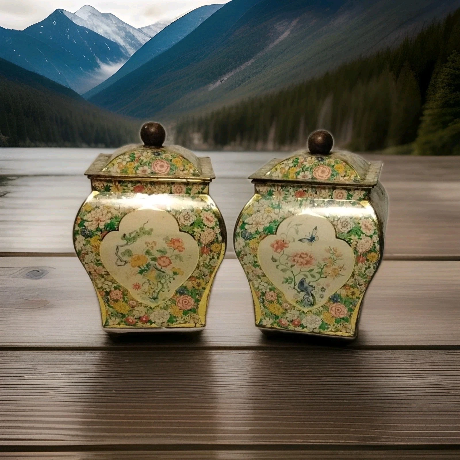 Pair of Vintage Dutch Chintz Floral Tin Canisters - Made in Holland - Butterfly
