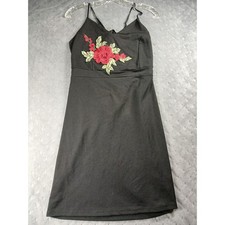 Vintage Beware Black Mini Dress. Rose Embroidered.Y2K. Whimsigoth. Romanticgoth.