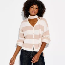 Women's Long Sleeve V-Neck Cardigan - Wild Fable Beige Striped M
