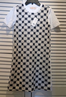 TORY BURCH T-SHIRT DRESS LOGO LACE EMBROIDERY WHITE/NAVY SZ US XS NWT$258
