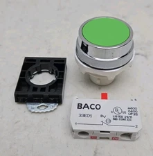 Baco Controls 33E01 30mm Green Flush Push Button Momentary PB Chrome Bezel New