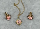 Vintage Costume Gold Jewelry Necklace & Earrings Ceramic Pink Rose