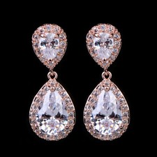 New Rose Gold Plated Double Teardrop CZ Bridal Prom Stud Drop Dangle Earrings