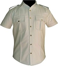Men's Real Leather Police Shirt Gay Biker Schwarz Cuir Lederhemd White Punk Kink