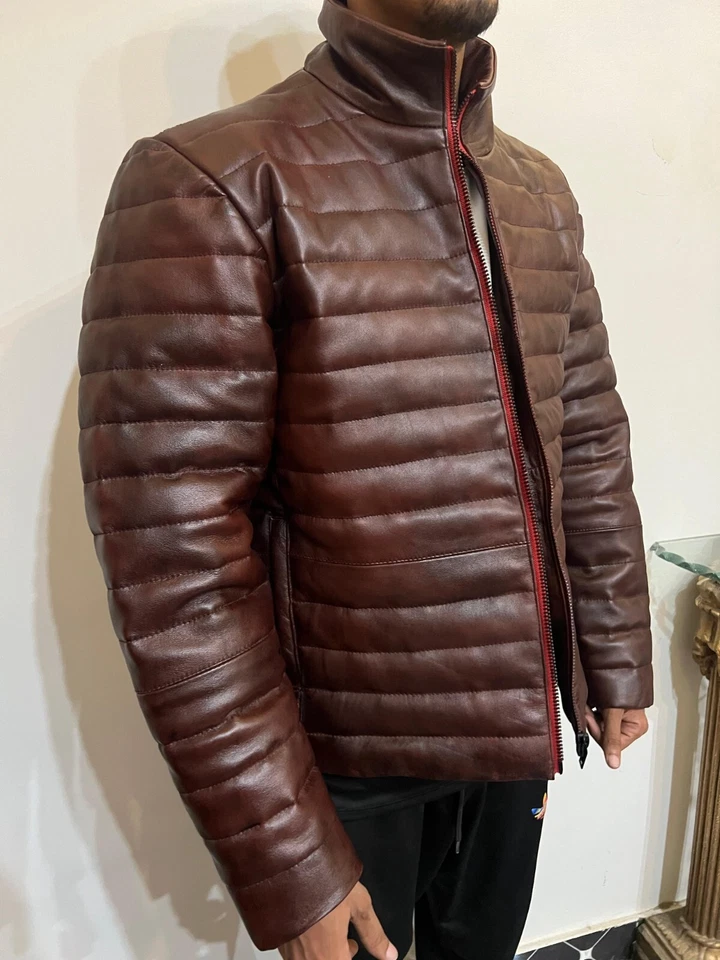 Мужская из натуральной овчины искусственно состаренной кожи пуховик вниз с подкладкой стеганая куртка пальто - Изображение 3 из 4